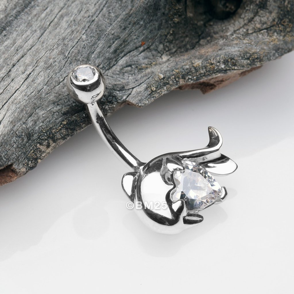 14 Karat White Gold Adorable Dolphin Hugging Heart Sparkle Belly Button Ring
